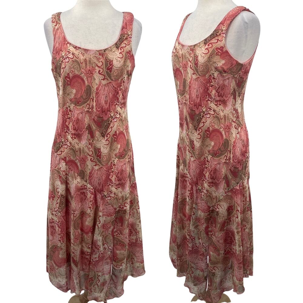 Vintage Y2k Bias Cut Paisley Maxi Dress Abstract Boho Sleeveless Asymmetrical 12